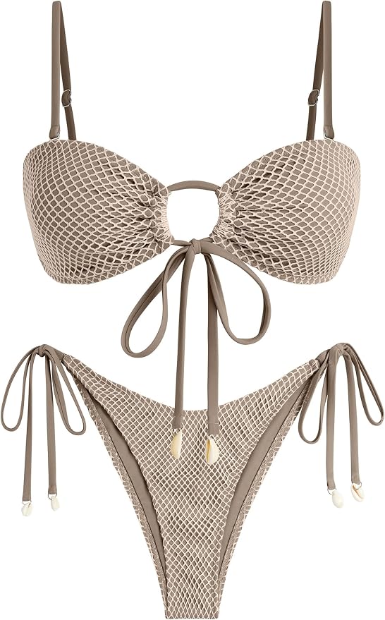 Bandeau fishnet bikini with seashell details for women, stylish beachwear for summer holidays