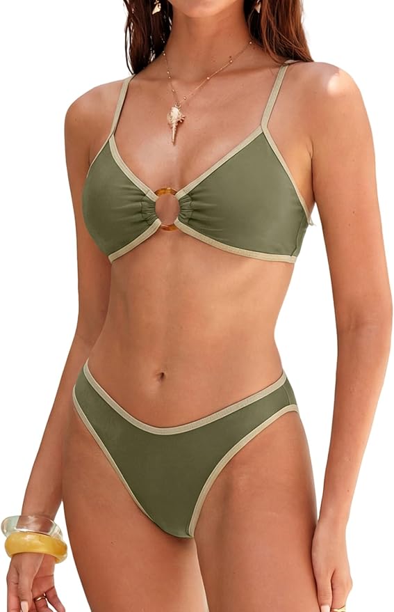 Women's contrast trim bikini with modern colour block design for stylish summer beachwear