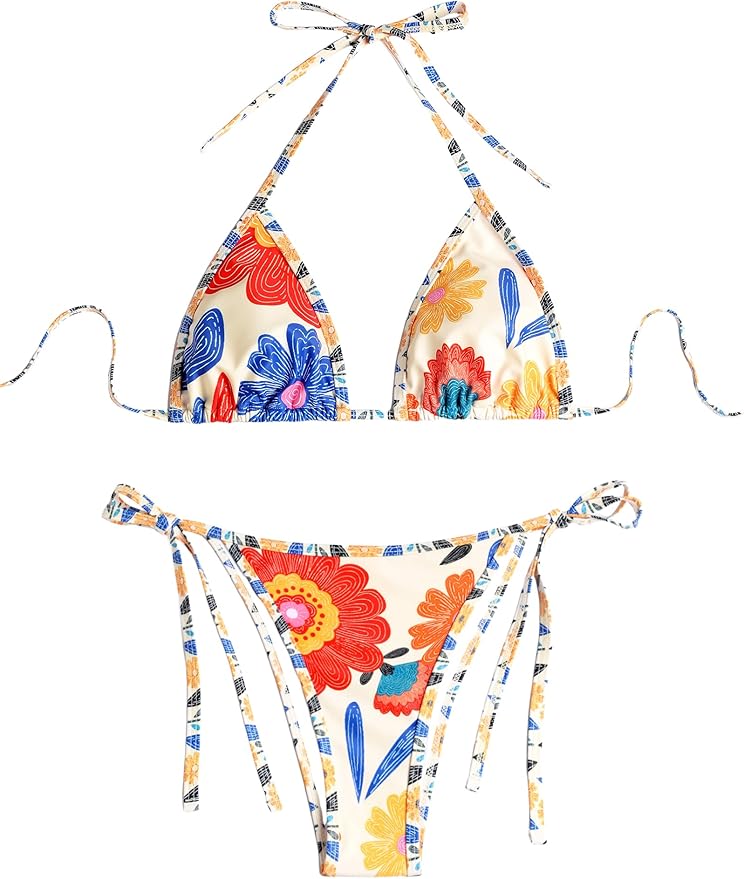 Women's floral triangle bikini with adjustable ties and elegant summer beachwear style